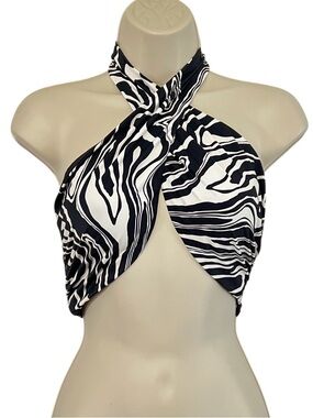 WeWoreWhat Swim Wrap Halter Bikini Top Cross-Front, Marble Black & White, XL